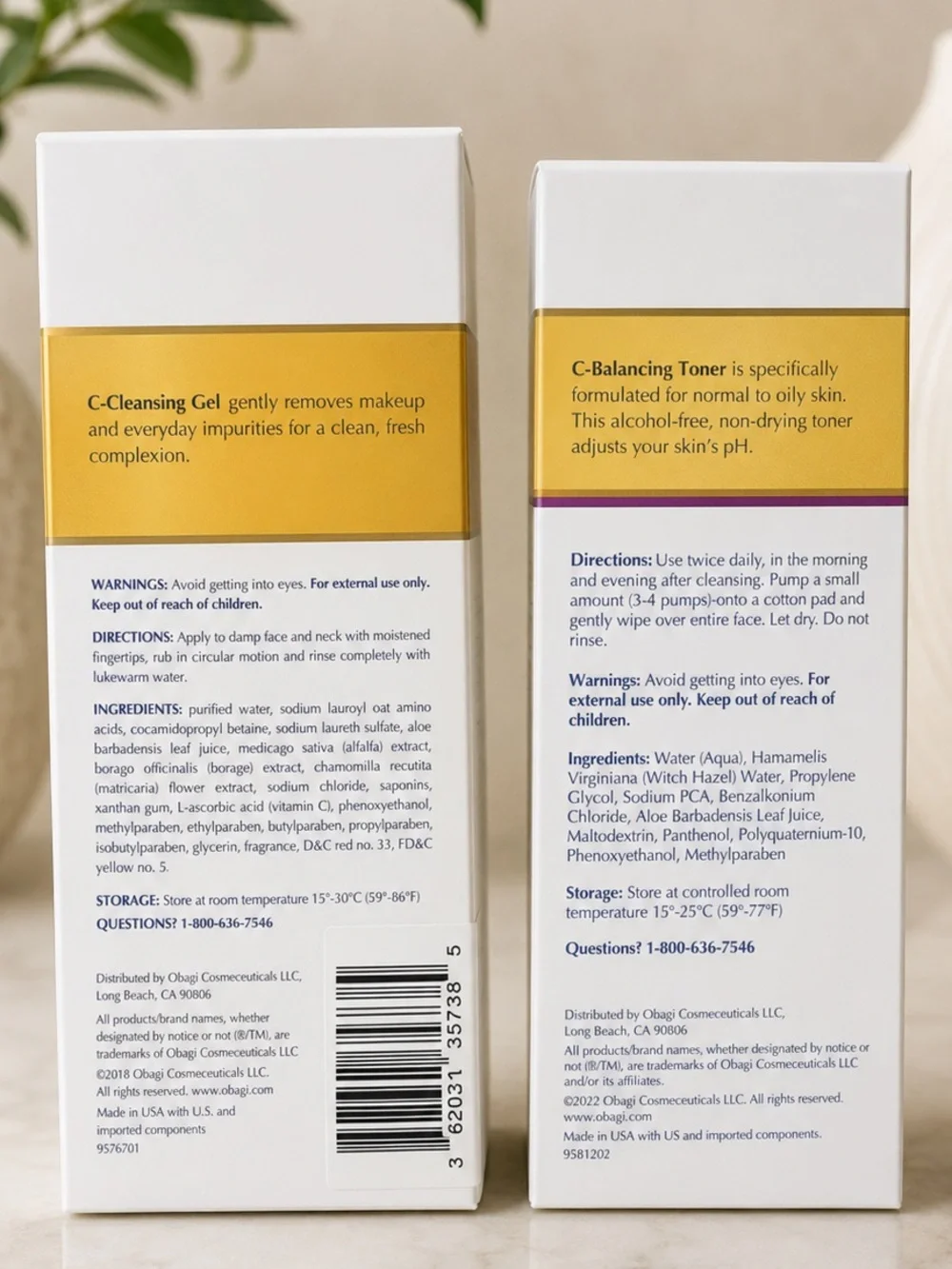 NEW! Obagi-C Vitamin C Cleansing Gel & Balancing Toner Set 6 oz 6.7 oz